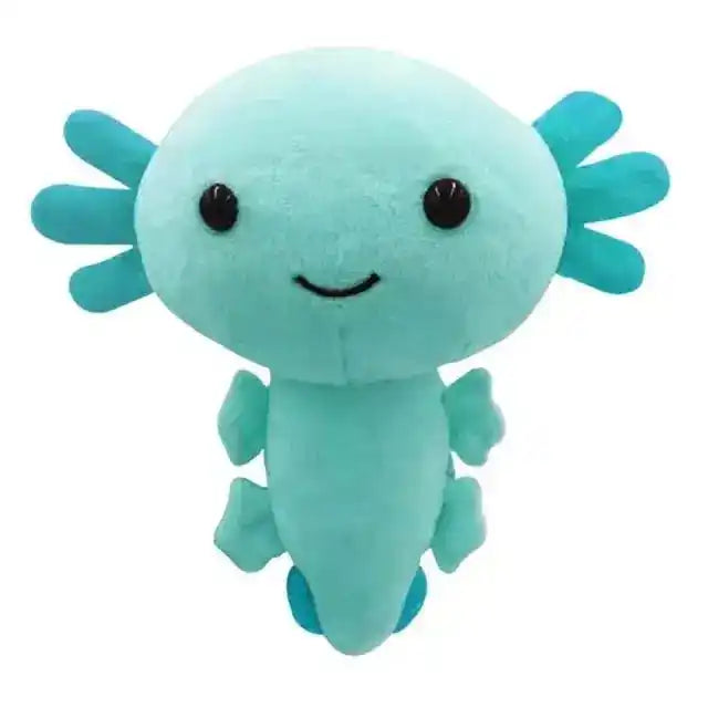 Light blue anime axolotl plush toy with teal gills, featuring a cute design, ideal for anime enthusiasts.