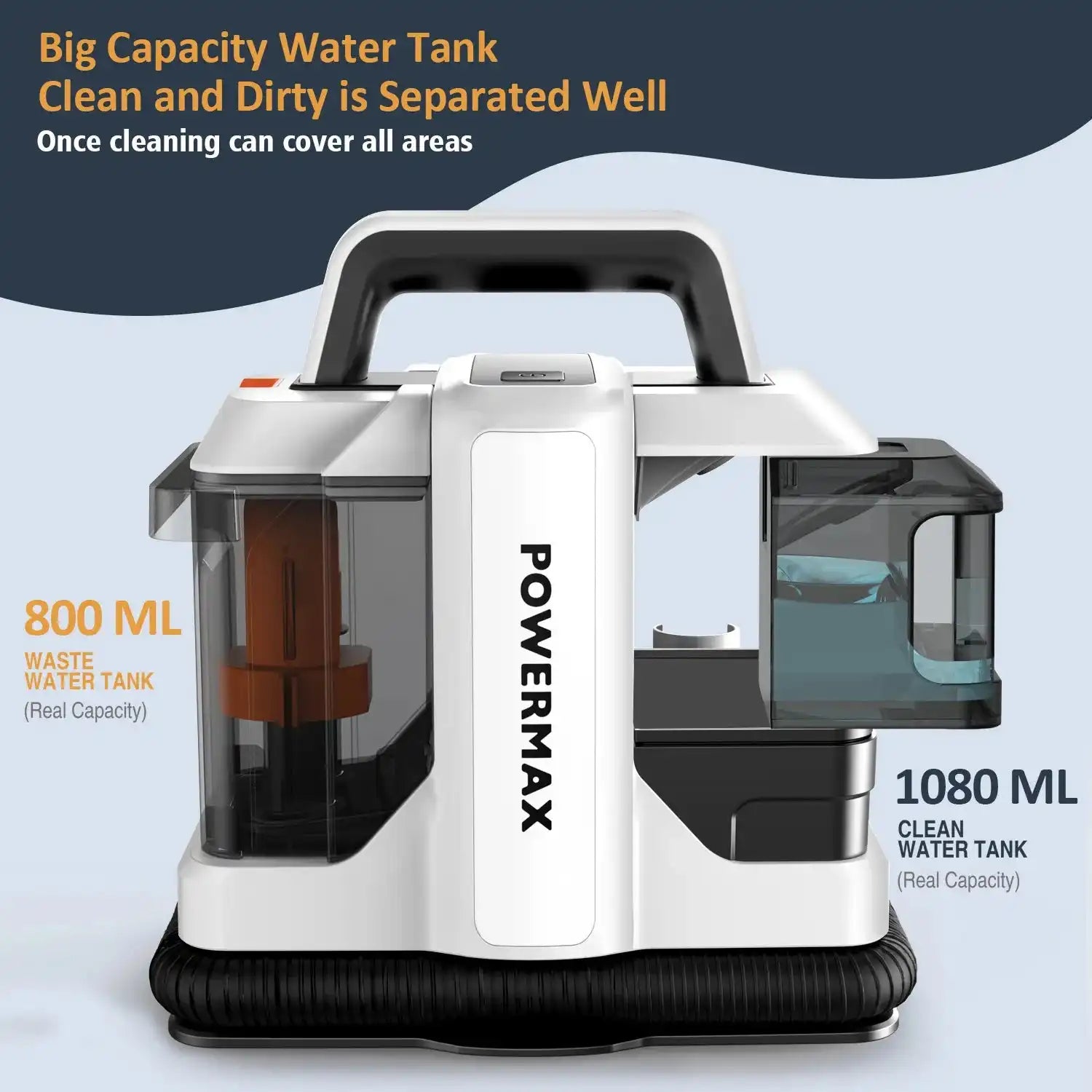 Automatic Water Spray Cleaning Tool with 1080ml clean and 800ml dirty water tanks, ensuring separated water flow for hygienic cleaning.