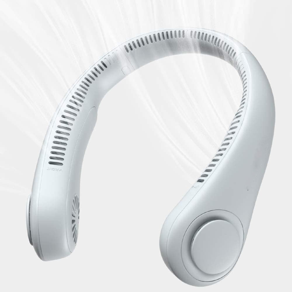 White Mini Bladeless Neck Fan Outdoor emitting airflow, showcasing its 360° air circulation and bladeless safety design for outdoor comfort.