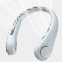 White Mini Bladeless Neck Fan Outdoor emitting airflow, showcasing its 360° air circulation and bladeless safety design for outdoor comfort.
