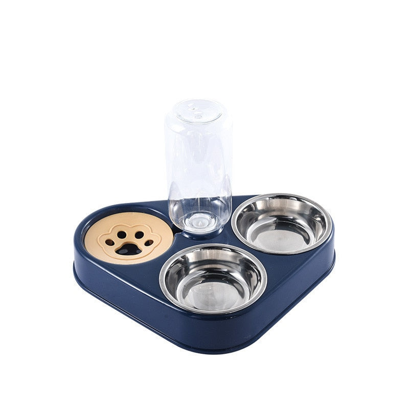 Blue 3in1 Pet Food Bowl with stainless steel dishes and water bottle, ideal for compact and tidy pet feeding areas.