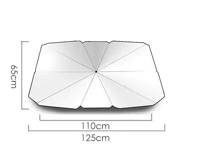 Car sunshade dimensions of 125cm x 65cm, designed to fit various vehicle windshields for optimal sun protection.