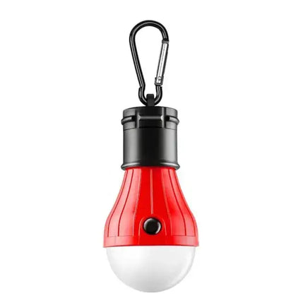 Red emergency light bulb with carabiner hook for portability. Compact and durable design for home or outdoor emergency lighting.