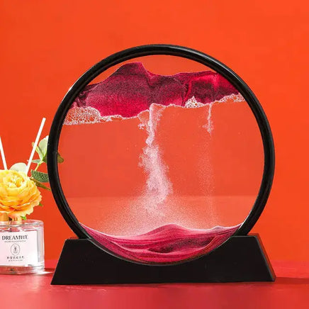 Moving Sand Art Picture Frame with dynamic red sand creating mesmerizing patterns in a circular frame on a black stand, perfect for home decor.