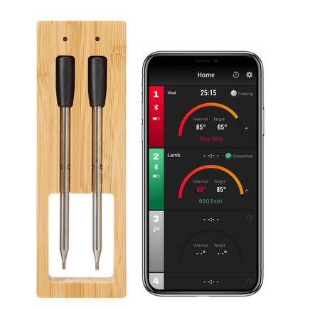 Wireless Kitchen Thermometer with dual probes and smartphone app showing real-time temperature tracking for efficient Bluetooth cooking.
