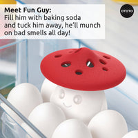 Fun Guy fridge odor absorber from Ototo Forest Trio filled with baking soda, designed as a cute mushroom to keep your fridge fresh.