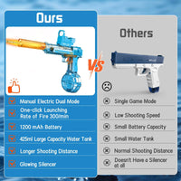 Electric Water Gun for Kids and Adults with glowing silencer, dual shooting modes, 1200mAh battery, and 425ml tank vs standard squirt gun.