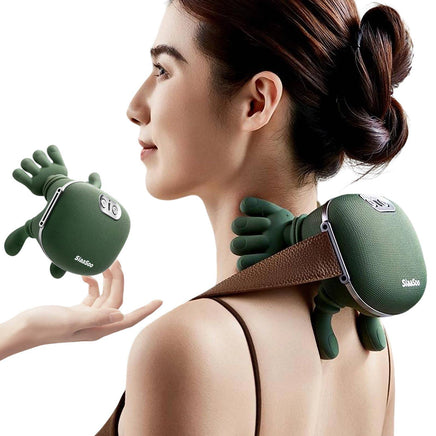 Siasoo Neck Shoulder Massager with Heat for Ultimate relief, shown in use on a woman's neck with ergonomic strap and bionic hand design.