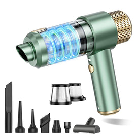 JONYJ handheld car vacuum cleaner in green with 16000PA suction, HEPA filter, and multiple nozzles for car and home cleaning.