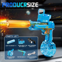 Electric water gun for kids and adults with glowing silencer, scope, and 300-shot water drum. Shoots up to 32ft, ideal for summer pool fun.