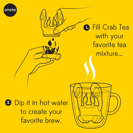 Cute Tea Infuser by OTOTO shaped like a crab being filled with loose leaf tea and dipped in hot water. Fun tea accessory for flavorful brewing.