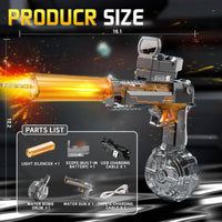 Electric water gun for kids and adults with glowing silencer, scope, and 300-shot water drum. Shoots up to 32ft, ideal for summer pool fun.