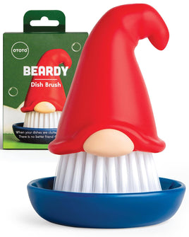 New! Beardy Gnome Dish Brush by Ototo features a red-hatted gnome design with white bristles and a blue tray, perfect for quirky kitchen cleaning.