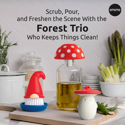 Forest Trio by Ototo displayed in a kitchen scene with Beardy Gnome Dish Brush, mushroom funnel, and odor absorber for a clean and cute setup.