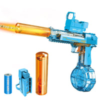 Electric water gun for kids and adults with glowing silencer, 32ft range, 300 shots, and rechargeable battery. Ideal summer pool toy in gray-blue design.