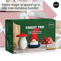 Forest Trio gift box by Ototo featuring Beardy Gnome Dish Brush, mushroom funnel, and odor absorber, ideal for whimsical kitchen gifting.