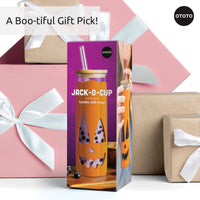 Halloween-themed Jack-o-Cup tumbler in gift packaging, a spooky and stylish gift idea for coffee or tea lovers.