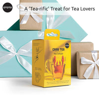 Cute Tea Infuser by OTOTO shaped like a red crab, packaged in a yellow box labeled 'Crab Tea', ideal for loose leaf tea lovers and gift giving.