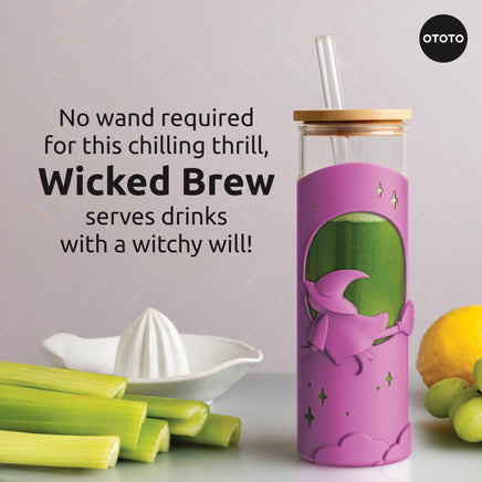 Wicked Brew tumbler with witchy design, perfect for green juices or smoothies with a Halloween twist.