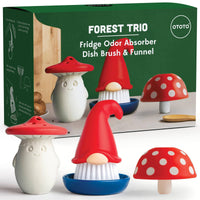 Ototo Forest Trio set includes Beardy Gnome Dish Brush, Fun Guy odor absorber, and a red mushroom funnel for fun and functional kitchen tools.