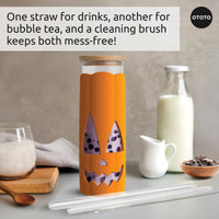Jack-o-Cup Halloween tumbler with two reusable straws and a cleaning brush, perfect for boba tea or smoothies.