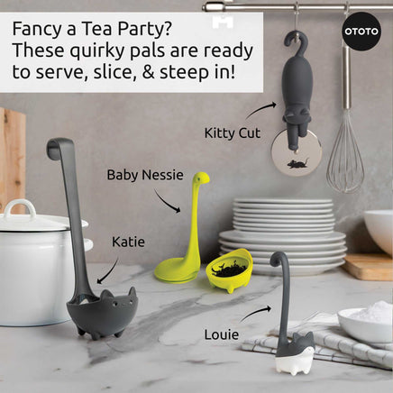 Cute Tea Infuser by OTOTO shaped like a black cat named Louie, perfect for steeping loose leaf tea. Fun kitchen gadget from the OTOTO collection.