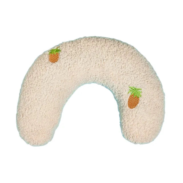 Cream U-shaped fleece pet pillow with pineapple embroidery