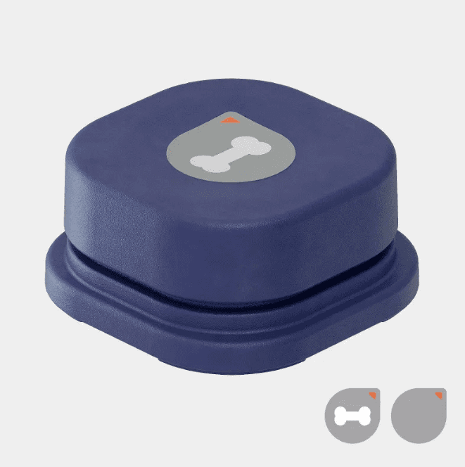 Blue pet chatter button with gray bone sticker, sturdy plastic, designed for dog communication, square shape for easy use