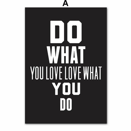 Motivational inspiring quotes wall art canvas with bold white text 'Do What You Love, Love What You Do' on a black background. Perfect for transforming your space with motivational quotes.