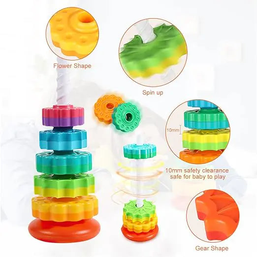 Colorful stacking toy with flower and gear shapes for educational play