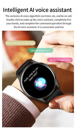 Smart bracelet with AI voice assistant feature, displaying voice command prompts for weather, time, and date inquiries.