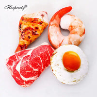 Set of Meat Games Pet Toys featuring realistic food designs including chicken leg, shrimp, steak, and fried egg. Perfect for interactive dog play.