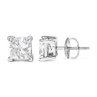 Side view of 14K white gold princess cut lab-grown diamond stud earrings with a durable four-prong setting and screw-back posts.