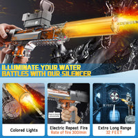 Powerful electric water gun with glowing silencer and colored lights, featuring automatic firing up to 300 shots per minute and 32ft range for kids and adults.