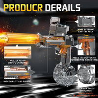 Electric water gun for kids and adults with glowing silencer, large battery pack, and 500cc tank for 450+ shots. Features ABS plastic and 32ft range.