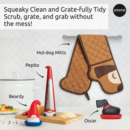 New! Beardy Gnome Dish Brush by Ototo features a red-hatted gnome design, perfect for scrubbing dishes with charm and whimsy in any kitchen setup.
