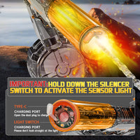 Electric water gun with glowing silencer and Type-C charging port, showcasing sensor light activation and powerful water stream for kids and adults.