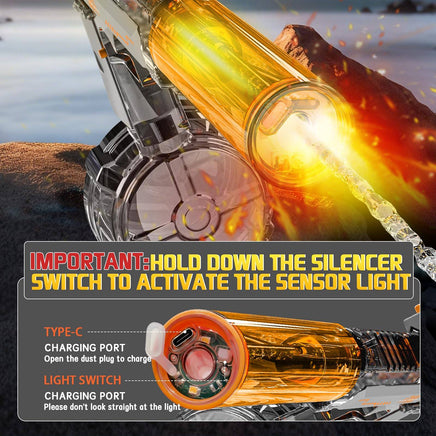 Electric water gun with glowing silencer and Type-C charging port, showcasing sensor light activation and powerful water stream for kids and adults.