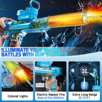 Electric Water Gun for Kids and Adults with glowing silencer, 32ft range, and 300 shots per minute. Features colored lights and automatic firing.