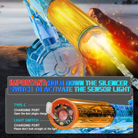 Electric water gun for kids and adults with glowing silencer and Type-C charging port. Features 32ft range and 300 water shots for summer pool fun.