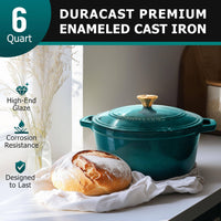 Mueller DuraCast 6 Quart Enameled Cast Iron Dutch Oven Pot with Lid, Heavy-Duty, Oven Safe up to 500° F & Across All Cooktops, Wedding Registry Ideas & Gifts, Emerald