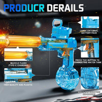 Electric water gun for kids and adults with glowing silencer, large battery pack, and 500cc water tank. Features muzzle flash and ABS plastic build.