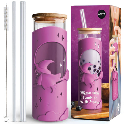 Wicked Brew Halloween glass coffee tumbler with witch design, includes straw, lid, and cleaning brush for magical drinks.