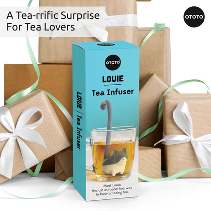 Cute Tea Infuser by OTOTO in gift-ready packaging, featuring Louie the cat-shaped steeper for loose leaf tea. Ideal tea accessory for tea lovers.