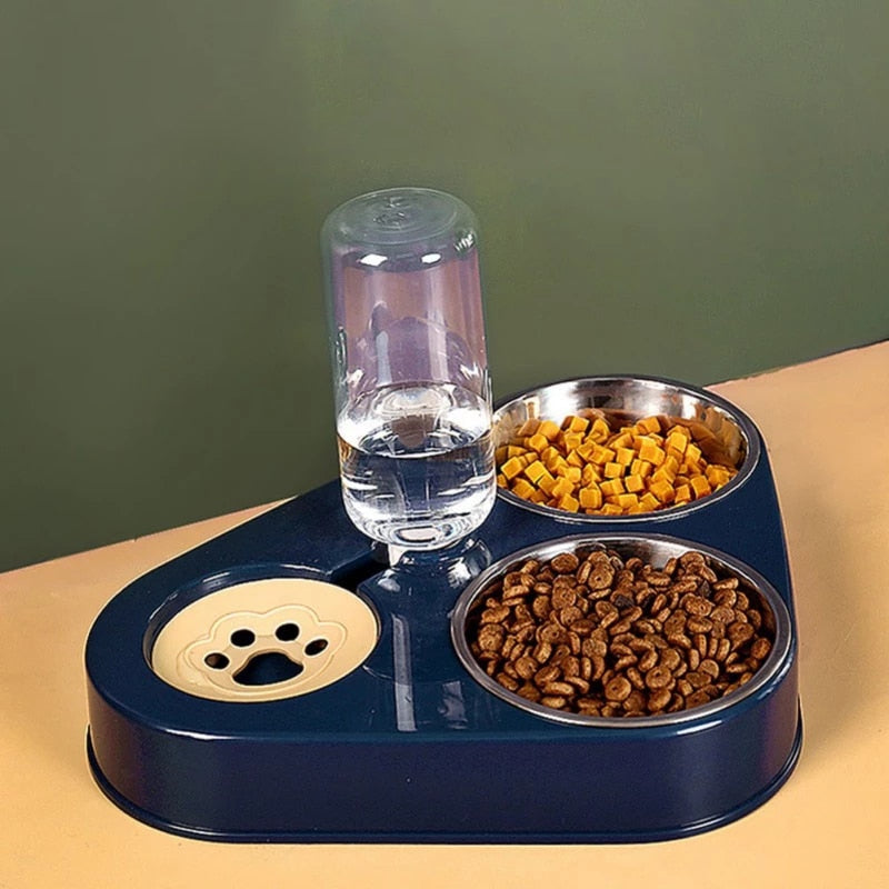 Blue 3in1 Pet Food Bowl filled with kibble and diced food, includes automatic water feeder for a health-promoting pet mealtime.