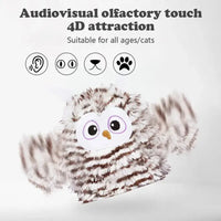 Owl-shaped cat toy with audiovisual and olfactory features, offering 4D attraction suitable for cats of all ages.