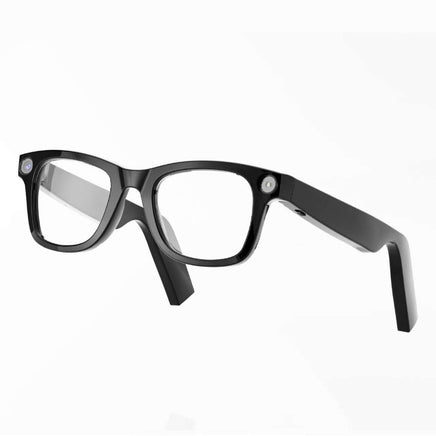 Black AI camera smart glasses with HD video, lens, and frame details