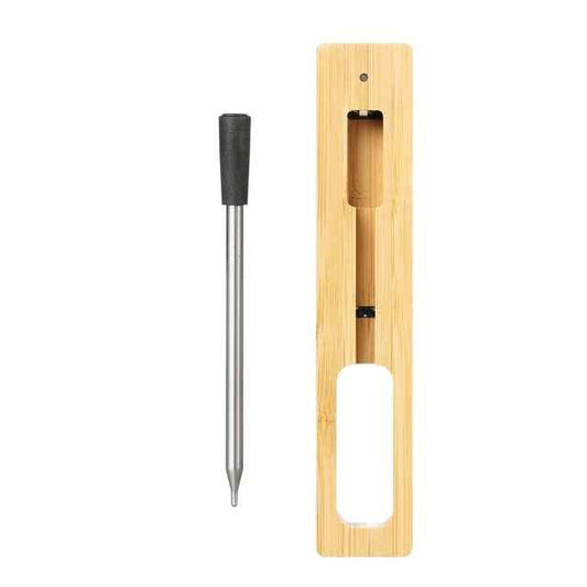 Wireless Kitchen Thermometer with single stainless steel probe and bamboo charging dock for Bluetooth-enabled precision cooking.