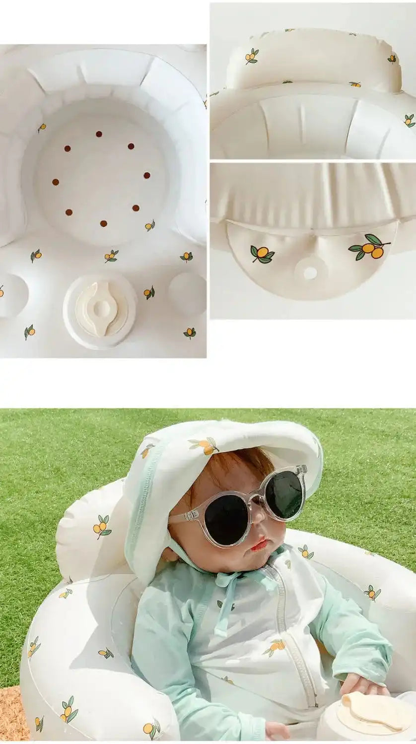 Close-up of inflatable baby chair with small fruit print