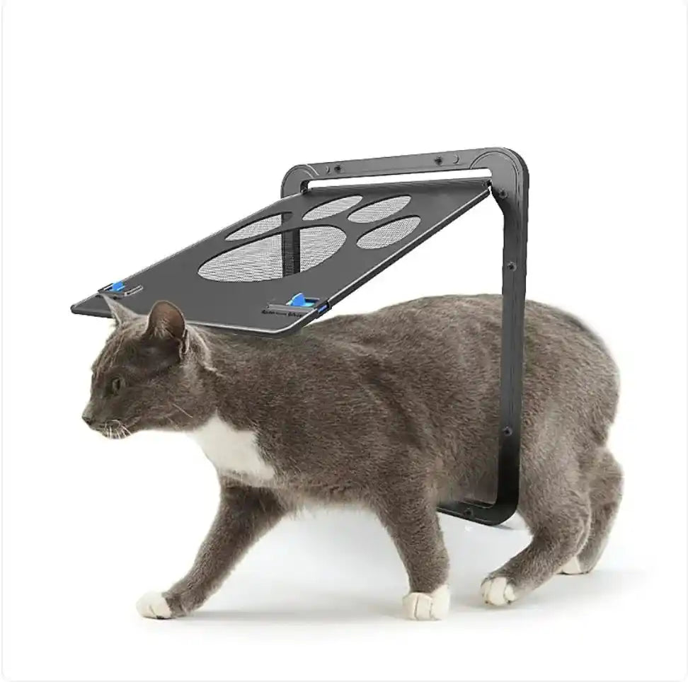 Pet-Safe Anti-Chew Screen Door featuring a gray cat using the magnetic flap, designed for secure and easy pet entry and exit.